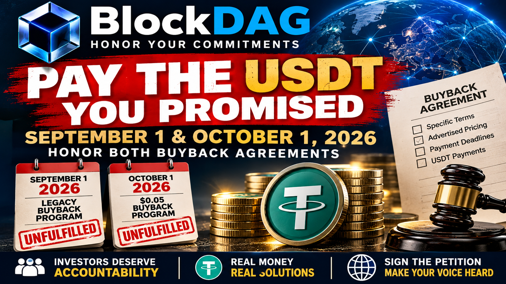 BlockDAG petition: Pay the USDT you promised. September 1 and October 1, 2026 buyback commitments.